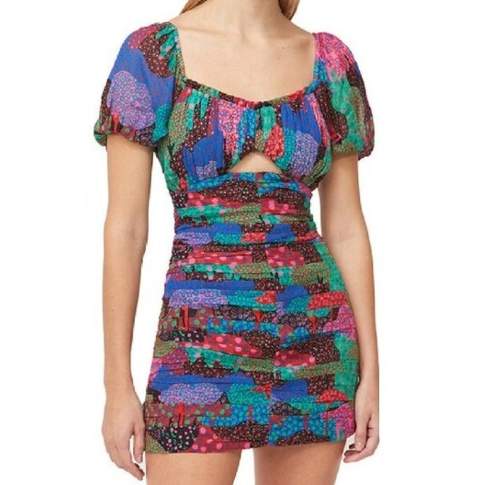 Rhode Clara Mini Dress Womens 14 Multi NWT Enchanted Woods Ruched Cutout